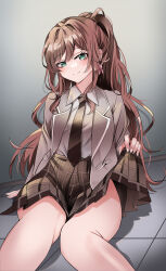 Rule 34 | 1girl, :3, absurdres, arm at side, bang dream!, black necktie, blazer, breasts, brown hair, closed mouth, clothes lift, collared shirt, commentary request, dark skin, dated commentary, diagonal-striped clothes, diagonal-striped necktie, earrings, feet out of frame, fingernails, green eyes, grey jacket, half updo, hand up, haneoka school uniform, head tilt, highres, imai lisa, indoors, jacket, jewelry, knees together feet apart, korean commentary, lifted by self, long hair, long sleeves, medium breasts, miniskirt, necktie, on floor, open clothes, open jacket, patpang, plaid, plaid skirt, pleated skirt, pocket, rabbit earrings, school uniform, shadow, shirt, shirt tucked in, sitting, skirt, skirt lift, smile, solo, split mouth, striped clothes, tile floor, tiles, very long hair, wavy hair, white shirt