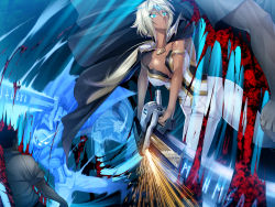 Rule 34 | 1boy, 1girl, afterimage, armlet, armor, battle, black hair, blood, blood splatter, blue eyes, breasts, cape, cara the blood lord, chainsaw, cleavage, corset, dark skin, death, dutch angle, earrings, fighting stance, floating hair, forehead jewel, game cg, glowing, glowing eyes, guro, hair between eyes, holding, holding weapon, injury, jewelry, kagami hirotaka, large breasts, lilith-soft, lipstick, long hair, makeup, marika krishna, motion blur, muscular, outstretched arms, pants, parted lips, pauldrons, ponytail, runes, shirt, short hair, short sleeves, shoulder armor, sidelocks, sparks, spread legs, thick thighs, thighs, very long hair, weapon, white hair, white shirt, wide hips