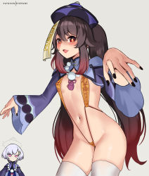 Rule 34 | 2girls, angry, bead necklace, beads, blue dress, blue headwear, blush, braid, braided ponytail, breasts, brown hair, chibi, coin hair ornament, dress, genshin impact, hair ornament, hat, highres, hioyami, hu tao (genshin impact), jewelry, jiangshi, long hair, long sleeves, looking at viewer, multiple girls, nail polish, navel, necklace, ofuda, open mouth, purple eyes, purple hair, qingdai guanmao, qiqi (genshin impact), red eyes, revealing clothes, shiny skin, shrug (clothing), slingshot swimsuit, small breasts, smile, swimsuit, symbol-shaped pupils, thighhighs, thighs, twintails, very long hair, white thighhighs