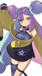 Rule 34 | 1girl, character hair ornament, closed mouth, commentary request, creatures (company), eyelashes, game freak, green hair, grey shirt, grey thighhighs, hair ornament, highres, iono (pokemon), jacket, long hair, looking at viewer, nintendo, nuneno, pokemon, pokemon sv, purple hair, shirt, single thighhigh, sleeveless, sleeveless shirt, smile, solo, split mouth, star (symbol), star print, tera orb, thigh strap, thighhighs, twintails, yellow jacket