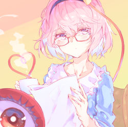 Rule 34 | 1girl, :/, armchair, bespectacled, black hairband, blouse, blue shirt, blush, chair, closed mouth, collarbone, collared shirt, commentary, cup, eyeball, frilled shirt collar, frills, glasses, hair between eyes, hair ornament, hairband, hands up, heart, heart hair ornament, heart of string, heterochromia, holding, holding cup, holding paper, komeiji satori, long sleeves, looking at viewer, messy hair, multicolored eyes, orange background, paper, peeking out, pink eyes, pink hair, red-framed eyewear, red eyes, shirt, short hair, sitting, solo, steam, tamiku (shisyamo609), third eye, touhou, upper body, yellow background