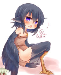 Rule 34 | 1girl, blue hair, blush, feathered wings, female focus, harpy, monster girl, open mouth, original, solo, sunapua, wings