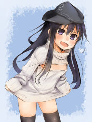 Rule 34 | 10s, 1girl, akatsuki (kancolle), akino shuu, cleavage cutout, clothing cutout, hat, highres, kantai collection, long hair, meme attire, open-chest sweater, open mouth, solo, sweater, thighhighs, turtleneck