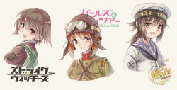 Rule 34 | 10s, 3girls, alternate costume, backlighting, brown eyes, brown hair, copyright name, crossover, fubuki (kancolle), girls und panzer, goggles, goggles on head, green eyes, hat, helmet, highres, imperial japanese army, imperial japanese navy, kantai collection, light, long hair, longmei er de tuzi, looking at viewer, looking back, military, military uniform, miyafuji yoshika, multiple crossover, multiple girls, nishizumi miho, open mouth, patch, pilot, ponytail, portrait, sailor, sailor hat, scarf, short hair, short ponytail, smile, soldier, strap, strike witches, trait connection, uniform, white background, world war ii, world witches series