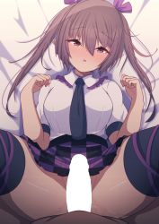 Rule 34 | 1boy, 1girl, bed, bed sheet, black necktie, black thighhighs, blush, brown eyes, brown hair, censored, checkered clothes, checkered skirt, collared shirt, darumoon, groin, hair between eyes, highres, himekaidou hatate, imminent penetration, long hair, looking at viewer, necktie, no panties, on bed, parted lips, penis, pointy ears, pov, pov crotch, shirt, skirt, solo focus, thighhighs, touhou, twintails, white shirt