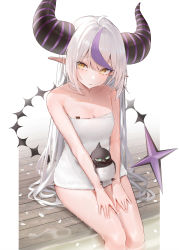 Rule 34 | 1girl, absurdres, ahoge, bare arms, bare shoulders, bird, blush, breasts, cleavage, closed mouth, crow, crow (la+ darknesss), demon girl, demon horns, demon tail, hands on own thighs, head tilt, highres, hololive, horns, la+ darknesss, long hair, looking at viewer, multicolored hair, petals, pointy ears, sitting, small breasts, solo, streaked hair, striped horns, tail, thighs, towel, virtual youtuber, wanne, wet, white background, yellow eyes