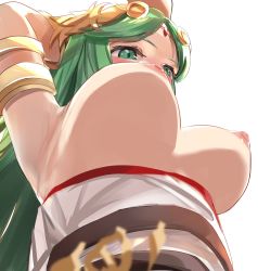 Rule 34 | 1girl, absurdres, arm up, armlet, armpits, belt, breast focus, breasts, breasts out, dress, forehead jewel, from below, green eyes, green hair, highres, jewelry, kid icarus, large breasts, laurel crown, multiple belts, nintendo, nipples, palutena, pendant, solo, strapless, strapless dress, super smash bros., tiara, tomas (kaosu22)