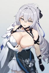 Rule 34 | 1girl, :d, areola slip, armor, bare shoulders, black gloves, blurry, bow, breasts, bright pupils, bronya zaychik, bronya zaychik (silverwing: n-ex), cleavage, cowboy shot, dress, earrings, gloves, grey background, grey eyes, grey hair, hair bow, highres, honkai (series), honkai impact 3rd, jewelry, large breasts, long hair, looking at viewer, no bra, open mouth, pauldrons, pulling own clothes, shoulder armor, simple background, single glove, single pauldron, sleeveless, sleeveless dress, smile, solo, soy chicken, very long hair, white dress