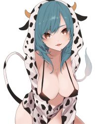 Rule 34 | 1girl, animal costume, animal ears, animal print, bad id, bad pixiv id, bikini, black bikini, blue hair, breasts, brown eyes, covered erect nipples, cow costume, cow ears, cow girl, cow hood, cow horns, cow print, cow tail, hood, hoodie, horns, jewelry, kujirano137, large breasts, long hair, looking at viewer, necklace, open clothes, open hoodie, open mouth, original, simple background, solo, swept bangs, swimsuit, tail, white background