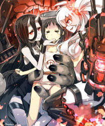 Rule 34 | &gt; &lt;, 10s, 3girls, abyssal ship, amagai tarou, battleship princess, black dress, black hair, breasts, closed eyes, diving mask, diving mask on head, dress, goggles, goggles on head, hair over breasts, horns, kantai collection, large breasts, long hair, maru-yu (kancolle), multiple girls, one-piece swimsuit, open mouth, pale skin, personification, red eyes, school swimsuit, short dress, short hair, skin-covered horns, smile, southern ocean war princess, swimsuit, tears, twintails, very long hair, white one-piece swimsuit, white school swimsuit