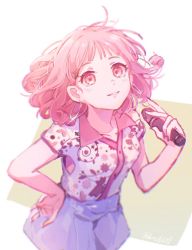 Rule 34 | 1girl, blue skirt, chika (vocaloid), commentary, earrings, floral print, glint, hand on own hip, hand up, highres, holding, holding microphone, jewelry, leaning forward, looking at viewer, mi no take, microphone, miniskirt, parted lips, pink eyes, pink hair, shirt, short hair, skirt, smile, solo, sparkle, twitter username, upper body, vocaloid, white shirt
