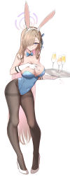 Rule 34 | 1girl, absurdres, animal ears, asuna (blue archive), asuna (bunny) (blue archive), bare shoulders, black pantyhose, blonde hair, blue archive, blue bow, blue bowtie, blue eyes, blue leotard, blue ribbon, blush, bow, bowtie, breasts, chinese commentary, cleavage, contrapposto, covered navel, cup, dated, detached collar, dongye1551, drinking glass, fake animal ears, finger between breasts, full body, gloves, hair between eyes, hair over one eye, hair ribbon, halo, hand on own chest, high heels, highleg, highleg leotard, highres, holding, holding tray, large breasts, leaning forward, leotard, long hair, looking at viewer, pantyhose, parted lips, playboy bunny, rabbit ears, resolution mismatch, ribbon, signature, simple background, skin tight, smile, solo, source smaller, strapless, strapless leotard, thighband pantyhose, traditional bowtie, tray, very long hair, white background, white footwear, white gloves, wine glass, wing collar