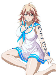 Rule 34 | 1girl, ahoge, bare legs, barefoot, breasts, dress, female focus, grey eyes, ikkitousen, large breasts, legs, looking at viewer, official art, sailor collar, shibai chuutatsu, simple background, sitting, sleeveless, sleeveless dress, solo, tattoo, white background, white dress