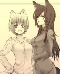 Rule 34 | 2girls, animal ears, bad id, bad pixiv id, breasts, brown theme, dog ears, dress shirt, female focus, gradient background, graphite (medium), grin, hand on own hip, hip focus, long hair, long sleeves, mixed media, monochrome, multiple girls, original, pink background, shirt, short hair, simple background, smile, sweater, traditional media, utsugi (skydream), yellow background