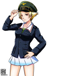 Rule 34 | 1girl, adjusting clothes, adjusting headwear, artist logo, blonde hair, blue jacket, brown eyes, closed mouth, commentary, dated, erwin (girls und panzer), girls und panzer, goggles, goggles on headwear, green hat, green shirt, hand on own hip, hat, jacket, long sleeves, looking at viewer, military, military hat, military uniform, miniskirt, nishi itsumi, ooarai military uniform, peaked cap, pleated skirt, pointy hair, shirt, short hair, simple background, skirt, smile, solo, standing, textless version, uniform, white background, white skirt