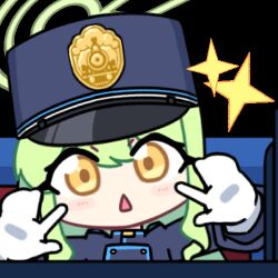 Rule 34 | 1girl, acomu414, animated, animated gif, bad source, black hat, blue archive, chibi, commentary, gloves, green hair, green halo, halo, hands up, hat, hikari (blue archive), long hair, long sleeves, looking at viewer, lowres, peaked cap, sidelocks, solo, sparkle, symbol-only commentary, transparent background, triangle mouth, white gloves, yellow eyes
