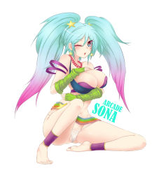 Rule 34 | 1girl, :o, ;), aqua eyes, aqua hair, arcade sona, bare shoulders, barefoot, blinking, blue eyes, blush, breast hold, breasts, cleavage, dress, earrings, feet, female focus, fingerless gloves, full body, fuya (tempupupu), gloves, gradient hair, green gloves, hair ornament, huge breasts, jewelry, large breasts, league of legends, legband, long hair, looking at viewer, multicolored hair, one eye closed, panties, partially visible vulva, purple dress, short hair with long locks, simple background, smile, solo, sona (league of legends), star-shaped pupils, star (symbol), star earrings, star hair ornament, symbol-shaped pupils, toes, twintails, underwear, white background, white panties, wink