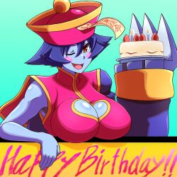 Rule 34 | 1girl, birthday, birthday cake, blue skin, breasts, brown eyes, cake, capcom, cleavage, cleavage cutout, clothing cutout, colored skin, female focus, food, hat, highres, holding, holding cake, holding food, jiangshi, large breasts, lei lei, looking at viewer, nobuyu (77yusei), one eye closed, open mouth, purple hair, short hair, sleeveless, sleeves past wrists, smile, solo, tongue, vampire (game)