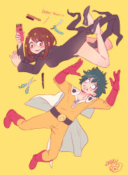 Rule 34 | + +, 10s, 1boy, 1girl, absurdres, belt, black dress, blush stickers, bodysuit, boku no hero academia, boots, brown eyes, brown hair, brush, cape, clenched teeth, comb, cosplay, dress, electric razor, evil grin, evil smile, floating, gloves, green hair, grin, hair clipper, high heels, highres, justin leyva (steamy tomato), long hair, long sleeves, looking at another, midoriya izuku, one-punch man, razor, red footwear, red gloves, saitama (one-punch man), saitama (one-punch man) (cosplay), sanpaku, scissors, signature, simple background, smile, star-shaped pupils, star (symbol), superhero costume, symbol-shaped pupils, tatsumaki, tatsumaki (cosplay), teeth, uraraka ochako, white cape, wide-eyed, worried, yellow background, yellow bodysuit