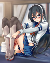 Rule 34 | 1girl, ass, black hair, black thighhighs, blue eyes, blue skirt, blurry, blurry background, blush, closed mouth, commentary request, desk, glasses, gloves, hairband, haregama shiina, highres, hip vent, indoors, kantai collection, knees up, leaning back, long hair, long sleeves, looking at viewer, on desk, ooyodo (kancolle), panties, panty pull, paper, pleated skirt, pulling own clothes, school uniform, semi-rimless eyewear, serafuku, sitting, skirt, smile, solo, tablecloth, thighhighs, under-rim eyewear, underwear, undressing, uniform, very long hair, white gloves, white hairband, white panties