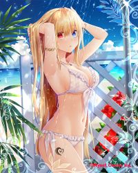 Rule 34 | 1girl, adjusting hair, armpits, arms up, blue eyes, blush, bracelet, breasts, cleavage, company name, falkyrie no monshou, heterochromia, jewelry, large breasts, looking at viewer, natsumekinoko, navel, official art, parted lips, red eyes, solo, swimsuit, water