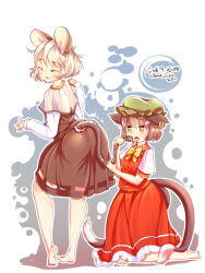 Rule 34 | 2girls, animal ears, ass, barefoot, black dress, bow, bowtie, brown eyes, brown hair, capelet, cat ears, cat girl, cat tail, chen, dress, earrings, flat chest, furim, gold trim, grey hair, hat, highres, jewelry, kneeling, licking tail, long sleeves, mob cap, mouse ears, mouse girl, mouse tail, multiple girls, multiple tails, nazrin, nekomata, outline, petite, puffy short sleeves, puffy sleeves, red skirt, red vest, short hair, short sleeves, skirt, skirt set, tail, tongue, tongue out, touhou, two tails, vest, white outline, yellow bow, yellow bowtie, yuri