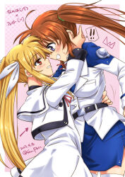 Rule 34 | 2girls, age difference, artist name, blonde hair, blue eyes, blush, breasts, brown hair, child, dated, fate testarossa, grin, hair ribbon, highres, hug, large breasts, long hair, looking at another, lyrical nanoha, magical girl, mahou shoujo lyrical nanoha, mahou shoujo lyrical nanoha a&#039;s, mahou shoujo lyrical nanoha strikers, military, military uniform, miniskirt, multiple girls, onee-loli, ponytail, red eyes, ribbon, san-pon, simple background, skirt, small breasts, smile, takamachi nanoha, thighhighs, time paradox, tsab executive military uniform, uniform, white thighhighs, yuri
