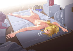 Rule 34 | 1girl, ass, back, bad id, bad pixiv id, blonde hair, casual nudity, closed eyes, fate/apocrypha, fate (series), hot, long hair, lying, mordred (fate), mordred (fate/apocrypha), nude, nudist, on stomach, ponytail, shino (comic penguin club), solo, spread legs, steaming body, sweat, trash, trash bag