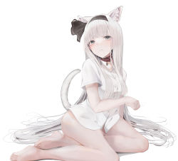 Rule 34 | 1girl, absurdres, alternate hair length, alternate hairstyle, animal ears, arm support, bare legs, barefoot, black hairband, black ribbon, blouse, cat ears, cat girl, cat tail, colored skin, dress shirt, green eyes, hair in own mouth, hair ribbon, hairband, highres, kemonomimi mode, kisaragi yaya, konpaku youmu, long hair, looking at viewer, no pants, parted lips, paw pose, ribbon, shirt, short sleeves, simple background, sitting, solo, tail, touhou, very long hair, white background, white hair, white shirt, yokozuwari