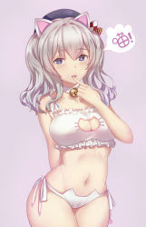 Rule 34 | 10s, 1girl, animal ears, bell, neck bell, blue eyes, bra, breasts, cat cutout, cat ear panties, cat ears, cat lingerie, choker, cleavage, cleavage cutout, clothing cutout, fake animal ears, finger to mouth, hairband, hat, highres, jingle bell, kantai collection, kashima (kancolle), large breasts, meme attire, navel, open mouth, panties, side-tie panties, silver hair, solo, stomach, twintails, underwear, underwear only, wavy hair, xiao chichi