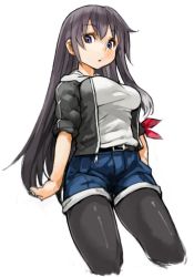 Rule 34 | 1girl, black hair, black pantyhose, breasts, character request, copyright request, cropped legs, denim, denim shorts, long hair, looking at viewer, pantyhose, pantyhose under shorts, purple eyes, purple hair, sachito, shirt, shorts, simple background, solo, white background