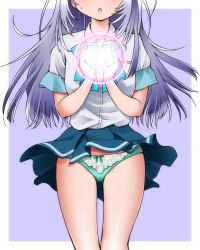 Rule 34 | 1girl, :o, blue bow, blue skirt, bow, bow panties, collared shirt, commentary request, cover, dr rex, fake cover, green panties, hands up, head out of frame, irozuku sekai no ashita kara, long hair, panties, parted lips, pleated skirt, purple background, shirt, short sleeves, silver hair, skirt, solo, standing, tsukishiro hitomi, two-tone background, underwear, very long hair, white background, white shirt