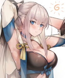 Rule 34 | 1girl, armpits, arms behind head, arms up, blue bow, blue choker, blue eyes, blush, bow, braid, breasts, choker, cleavage, expressionless, fate/grand order, fate (series), french braid, from side, hand on own head, highres, large breasts, long hair, looking at viewer, morgan le fay (fate), parted lips, ponytail, sidelocks, sideways glance, simple background, solo, teeth, tying hair, upper body, ura illust, white background, white hair