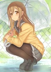 Rule 34 | 10s, 1girl, black footwear, blush, brown eyes, brown hair, brown pantyhose, chain-link fence, closed mouth, day, eyebrows, fence, from side, frown, full body, grey skirt, hair between eyes, highres, holding, holding umbrella, kame^^, kunikida hanamaru, loafers, long hair, long sleeves, looking at viewer, love live!, love live! sunshine!!, matching hair/eyes, miniskirt, outdoors, pantyhose, pleated skirt, puddle, reflection, school uniform, serafuku, shoes, skirt, sleeves past wrists, solo, squatting, sweater, tiptoes, transparent, transparent umbrella, umbrella, water, wet