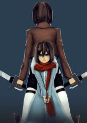 Rule 34 | 2girls, absurdres, back-to-back, black eyes, blue dress, blush, brown hair, buttons, cropped jacket, dagger, dress, dual persona, dual wielding, height difference, highres, holding, knife, lips, long sleeves, looking at viewer, mikasa ackerman, military, military uniform, multiple girls, red scarf, scarf, serious, shingeki no kyojin, short hair, sword, uniform, v arms, weapon, aged down, yuuuuuuuuuuuuka