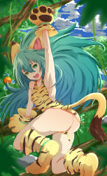Rule 34 | 1girl, absurdres, animal ears, animal hands, animal print, ass, cat ears, cat tail, cham cham, flat chest, green eyes, green hair, highres, kaburagi (pino), long hair, matching hair/eyes, no panties, open mouth, paw shoes, samurai spirits, shoes, snk, solo, tail, tiger print, tree
