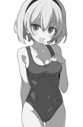 1girl :d bare_arms bare_shoulders blush breasts cleavage collarbone covered_navel cowboy_shot gluteal_fold greyscale groin hair_between_eyes hairband henyaan_(oreizm) highleg highres looking_at_viewer medium_breasts monochrome one-piece_swimsuit open_mouth short_hair simple_background small_breasts smile solo standing swimsuit thigh_gap white_background