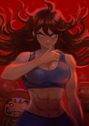 Rule 34 | 1girl, abs, alternate costume, arm at side, artist name, backlighting, breasts, brown hair, cleavage, closed mouth, collarbone, commentary, danganronpa (series), danganronpa 2: goodbye despair, dark-skinned female, dark skin, female focus, finger to mouth, floating hair, hair between eyes, hand up, large breasts, lips, long hair, looking at viewer, messy hair, midriff, missarilicious, muscular, muscular female, navel, owari akane, red background, shiny skin, simple background, smile, solo, sports bra, tagme, tank top, thumb to mouth, toned, upper body