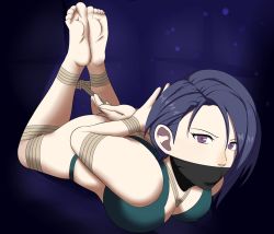 Rule 34 | 1girl, arms behind back, ass, ball gag, bare shoulders, bdsm, blue background, blue hair, blush, bondage, bound, bra, breasts, brown rope, cleavage, cloth gag, dankestofdans, eyeliner, feet, female focus, fire emblem, fire emblem: three houses, gag, gagged, green bra, green panties, huge ass, improvised gag, intelligent systems, large breasts, layered gags, lying, on stomach, makeup, nintendo, panties, purple eyes, rope, shamir nevrand, shiny clothes, shiny skin, short hair, solo, thick thighs, thighs, thong, underwear, variant set