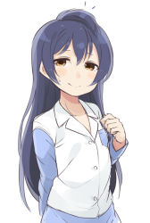 Rule 34 | 1girl, alternate hairstyle, bad id, bad pixiv id, blue hair, blush, commentary request, hair between eyes, long hair, long sleeves, looking at viewer, love live!, love live! school idol festival, love live! school idol project, pajamas, simple background, smile, solo, sonoda umi, totoki86, yellow eyes