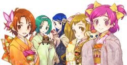 Rule 34 | 00s, 5girls, akimoto komachi, blonde hair, blue eyes, blue hair, bow, brown eyes, brown hair, coco (precure 5), coco (yes! precure 5), everyone, eyelashes, flower, green eyes, green hair, hair bow, hair flower, hair ornament, hairband, japanese clothes, kasugano urara (yes! precure 5), kimono, milk (precure 5), milk (yes! precure 5), minazuki karen, multiple girls, natsuki rin, nuts, nuts (precure 5), nuts (yes! precure 5), pink eyes, pink hair, precure, saikachi, saikachi (ogre tree), smile, two side up, yellow eyes, yes! precure 5, yumehara nozomi