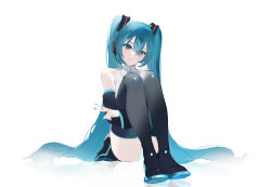 Rule 34 | 1girl, aqua eyes, aqua hair, bare shoulders, black footwear, black skirt, black thighhighs, blue eyes, blue hair, blue nails, boots, closed mouth, collar, collared shirt, commentary request, detached sleeves, full body, hair between eyes, hair ornament, hatsune miku, headphones, highres, hoojiro, long hair, long sleeves, looking at viewer, nail polish, shirt, simple background, sitting, skirt, smile, solo, thigh boots, thighhighs, twintails, v, very long hair, vocaloid, white background