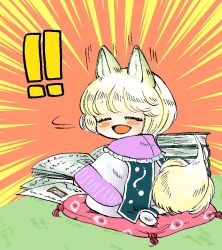 Rule 34 | !, !!, 1girl, :d, ^ ^, animal ears, blonde hair, closed eyes, commentary request, emphasis lines, closed eyes, fox ears, fox tail, komaku juushoku, long sleeves, open mouth, sitting, smile, solo, tail, touhou, wide sleeves, yakumo ran, aged down