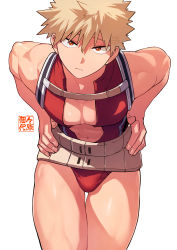 Rule 34 | 1boy, abs, absurdres, bakugou katsuki, blonde hair, boku no hero academia, bulge, chest strap, costume, cowboy shot, hands on own hips, hands on own hips, highres, leotard, looking at viewer, low-cut, male focus, mature male, muscular, navel, pectoral cleavage, pectorals, red eyes, short hair, signature, simple background, sleeveless, solo, spiked hair, straight-on, thighs, twitter username, white background, wide belt, yazaki (yazakc)