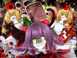 Rule 34 | 3girls, animal, blonde hair, blood, book, bow, cat, clock, collarbone, crazy smile, diary, ellen (majo no ie), frog, green eyes, hair bow, long hair, long sleeves, majo no ie, multiple girls, open mouth, scissors, shaded face, sharp teeth, skull, smile, stuffed animal, stuffed toy, teddy bear, teeth, viola (majo no ie), yellow eyes