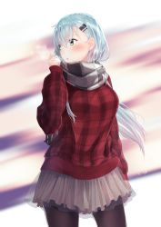 Rule 34 | 1girl, alternate costume, aqua eyes, aqua hair, arm at side, arm up, black pantyhose, blurry, blush, breath, depth of field, eyes visible through hair, floating hair, grey scarf, hair between eyes, hair ornament, hairclip, highres, holding, holding clothes, holding scarf, kantai collection, layered skirt, long hair, long sleeves, looking away, open mouth, outdoors, pantyhose, pleated skirt, scarf, signature, skirt, solo, suzuya (kancolle), sweater, warming hands, wind, yukai nao