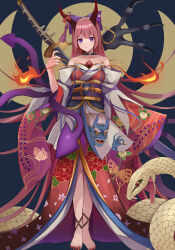 Rule 34 | 1girl, absurdres, bare shoulders, barefoot, choker, claws, closed mouth, collarbone, dress, expressionless, fire, fire, floral print, full body, highres, horns, japanese clothes, kimono, koizumo, long hair, looking at viewer, nail polish, off-shoulder dress, off shoulder, oni, original, purple eyes, purple hair, solo, standing, sword, toenail polish, toenails, very long hair, weapon