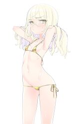 Rule 34 | 1girl, aohashi ame, armpits, bikini, blonde hair, blush, breasts, cameltoe, glasses, gold bikini, highres, long hair, looking at viewer, navel, perrine h. clostermann, shiny skin, side-tie bikini bottom, simple background, small breasts, solo, strike witches, swimsuit, white background, world witches series, yellow eyes