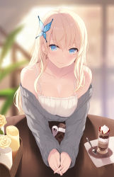 Rule 34 | 1girl, aqua eyes, bare shoulders, beige dress, blonde hair, blue eyes, blurry, blurry background, blush, boku wa tomodachi ga sukunai, breasts, bug, butterfly, butterfly hair ornament, cait aron, candle, cleavage, closed mouth, collarbone, cup, dress, fingers together, flower, gift, grey sweater, hair ornament, highres, indoors, insect, kashiwazaki sena, large breasts, leaning on object, long hair, looking at viewer, off-shoulder sweater, off shoulder, parfait, pov, saucer, sidelocks, sleeveless, sleeveless dress, smile, solo, spoon, sweater, table, upper body, yellow flower