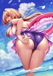 Rule 34 | 1girl, absurdres, adjusting clothes, adjusting swimsuit, ass, bare shoulders, beach, bikini, blonde hair, blue sky, blush, breasts, day, from behind, hair intakes, hanikami kanojo, highres, hiiragi sano, holding, holding swim ring, innertube, large breasts, leaning forward, long hair, looking at viewer, looking back, ocean, open mouth, piromizu, purple bikini, red eyes, scan, shoulder blades, sidelocks, sky, solo, swim ring, swimsuit, thighs, wading, wet